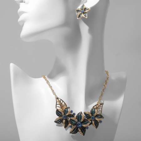 Set 2 objects: earrings, necklace "flowers" trio, blue color in gold, 45 cm
