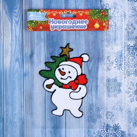 Stick on glass "Snowman with a Christmas tree" 9x14.5 cm-2
