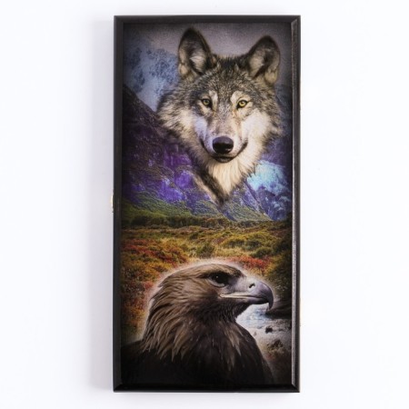 Backgammon "wolf and eagle", wooden board 40 x 40 cm, with a field for playing checkers