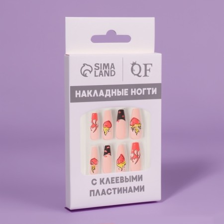 Flame overhead nails, 12 pcs, with glue plates, ballerina shape, beige/red/black color-4