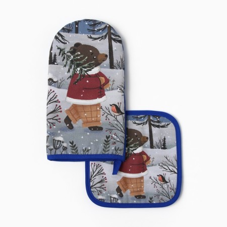 Set of kitchen. Ethel Forest Bear mittens 15x28cm, 19x19cm sever
