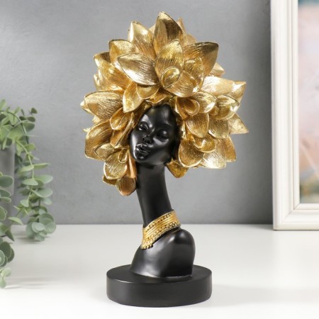 Souvenir Polystone Bust "African with a flower on the head" Black with gold 29x11x17 cm