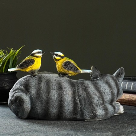 Garden figure "Cat lying with birds" 17x27x17cm-6