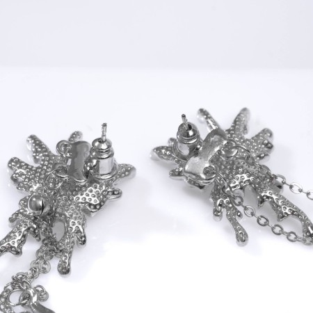 Hanging earrings with rhinestones "Firebird" drops and beads on a chain, white color in silver, 11 cm-2