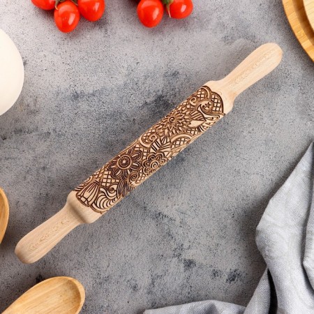 Carved rocking with patterns "Spring meadow" for baking, beech, 40 mm × 350 mm