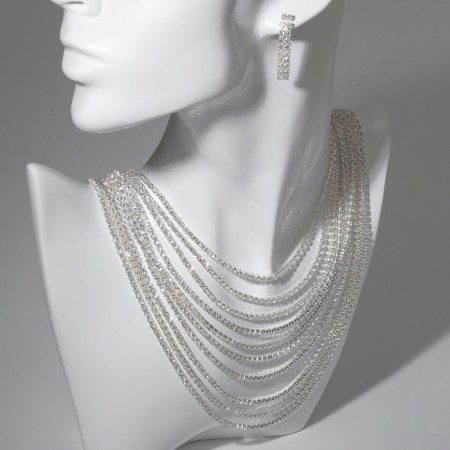 Set 2 objects: earrings, necklaces of 12 rows “waterfalls”, white color in silver, 52 cm