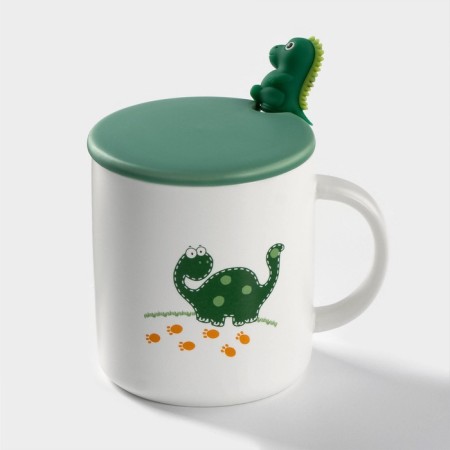 Ceramic mug with a lid and a spoon "Dino", 320 ml, Mix drawing