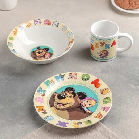 Set of dishes "Masha and the bear. ABC ”, 3 objects: 240 ml mug, salad bowl d = 18 cm, plate d = 19 cm