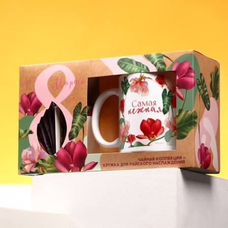 Gift set "since March 8": tea assortment (5 tastes x 4 pcs.), Mug 300 ml.-4