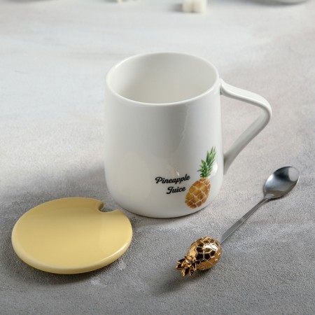 Ceramic mug with a lid and a spoon "Pineapp", 400 ml, MIX drawing-1