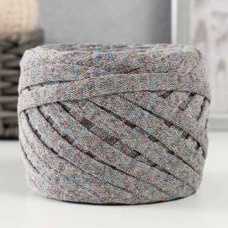 Knitted yarn "Ribbon" with Lurex 85m/170 ± 5 g (gray, lurex: rainbow)