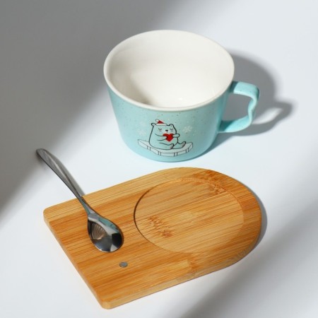 Ceramic mug on a stand with a spoon "Bear", 230 ml, beige color-4
