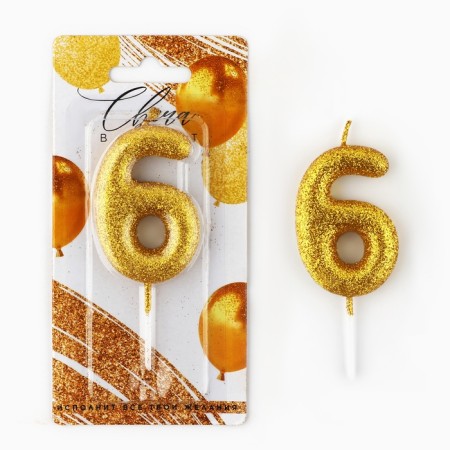 A candle for a cake, a number, shiny "6", gold, 4 x 10 cm.