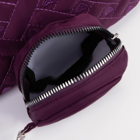 A backpack with a zipper, an outer pocket, 2 side pockets, a wallet, a purple color-6