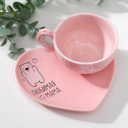 Mother's Day. Gift set of ceramic "Beloved Mom": a mug 120 ml, a saucer-5