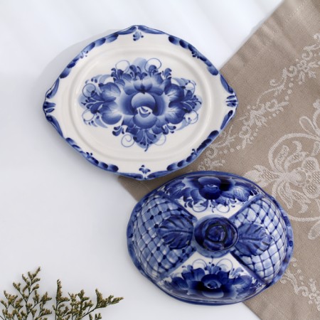 Gzhel Maslek "Rose", white-blue, ceramics, 11 × 18 cm,-3