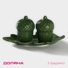 Set for spices of the share “Liszt”, 3 subjects: Solonka 80 ml, list of 80 ml, stand, green color