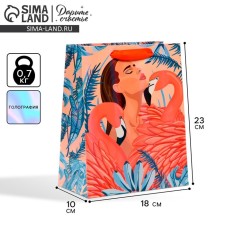 Gift Package Laminated, packaging, “Girl with flamingos”, rainbow holography, MS 18 x 23 x 10 cm