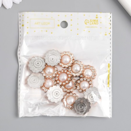 Decor for creativity plastic, rhinestones "Round flower with pearl" set of 15 pcs 1.9x1.9 cm-3