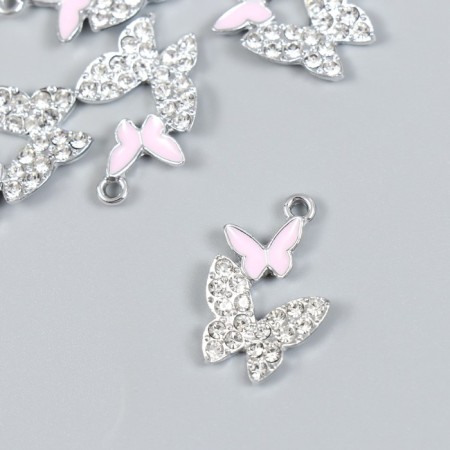 Decor for creativity metal, enamel, rhinestones "Two butterflies" silver, pink 1.4x2.2 cm