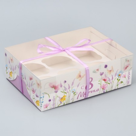 Capcake box, confectionery packaging, 6 cells “With Love and Care”, March 8, 23 x 16 x 7.5 cm