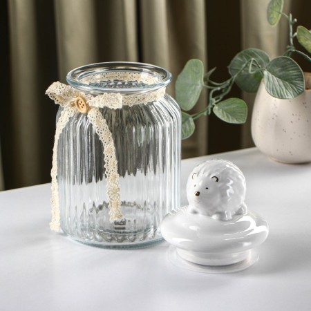Glass Bank for bulk products with a ceramic lid of the “Hedgehog in Gold”, 950 ml-1