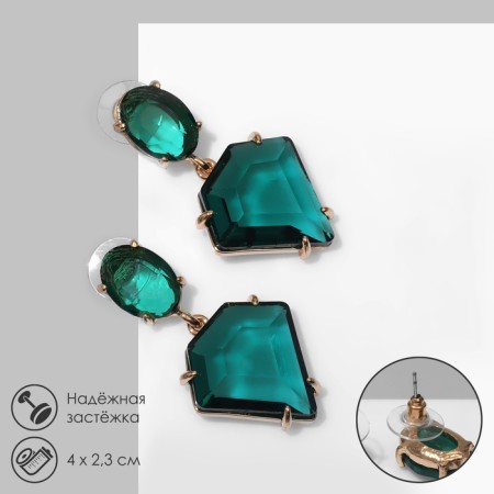 Earrings with rhinestones "Cleo" diamond, green color in gold