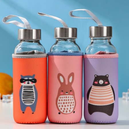 A glass bottle in the case "Funny beasts", 300 ml, h = 17 cm, Mix color-3