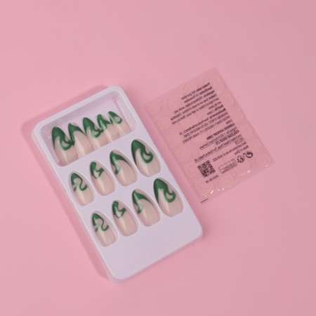 Pattern overhead nails, 24 pcs, with adhesive plates, almond shape, milk/green color-1
