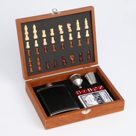 Set 6 in 1: Flaw 8 OZ, glass, funnel, cubes 5 pcs, cards, chess, 18 x 24 cm-2