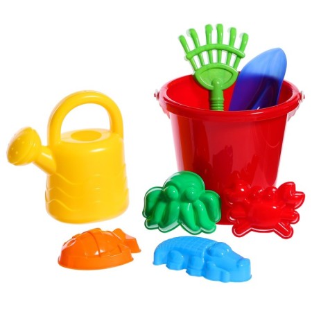 Set for playing in sand No. 32: Big bucket, scoop, rake, 4 molds, watering can-5
