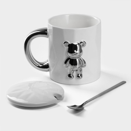 Ceramic mug with a spoon "Stylish Bear", 320 ml, white color-1
