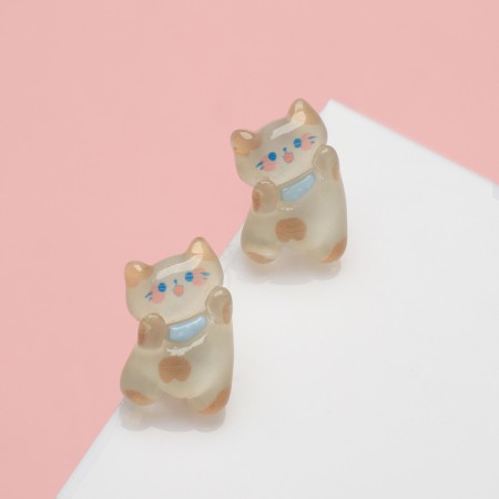 Earrings plastic "kitten", white-brown color in silver-2