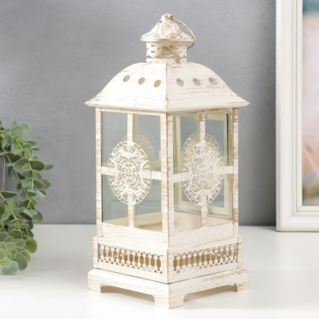 Climber Metal, glass "Lantern - Round Flower" White with a patina 12.5x12.5x30cm-4