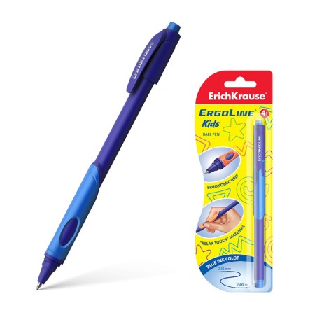 Ballpoint handle Erichkrause Ergoline Kids Ultra Glide, first-grader, ergonomic holder, Soft-Touch case, node 0.7 mm, blue, mix, blister