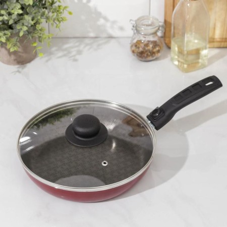 ALFA pan, d = 22 cm, removable handle, glass cover, anti -stick coating, burgundy color