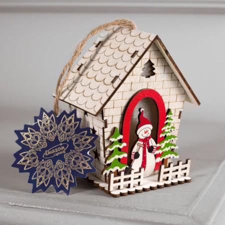 Christmas tree toy "House with a snowman", from batteries, a glow of warm white-2