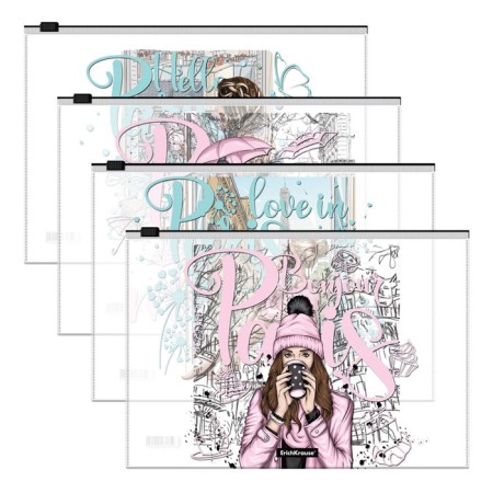 A4 Zip-Molniya folder, 160 μm, Erichkrause, Dreamy Girls, glossy, translucent, with print, mix