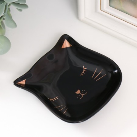 Souvenir Ceramics stand for the ring "Satisfied muzzle of the black cat" 8x10x1.2 cm-1