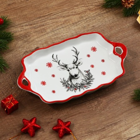 New Year! New Year's ceramic dish "Snow Deer", 23x13x2.5 cm, white color-4
