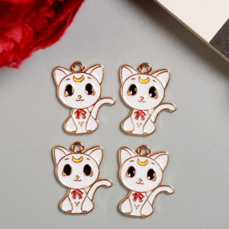 Decor for creativity metal, enamel "White kitten with red bow" gold 2.3x1.9 cm-2