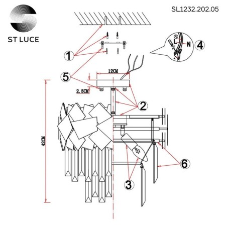 Ceiling Ceiling ST LUCE. SL1232.202.05. Casorta. 5x60 watts, E14, 41x41x42.5 cm, golden color-6