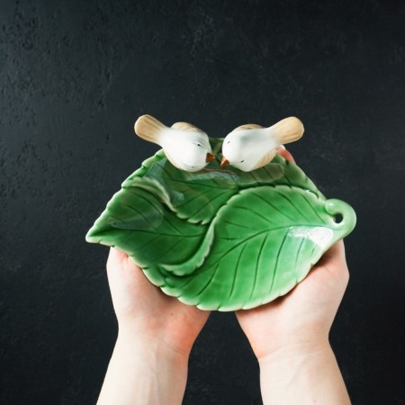 Ceramic dish "Birds on a leaf", 19 × 13 × 4 cm, green color-8