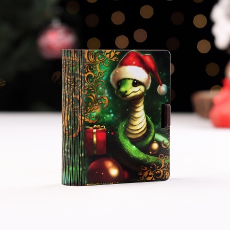 Wooden envelope for money No. 4 "Green, a snake with a gift", 9.8x8.5x2 cm