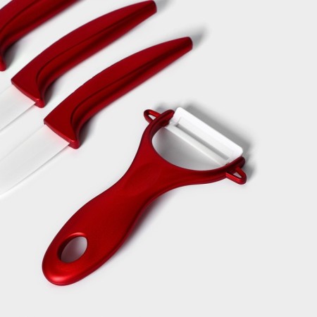 Kitchen kit on the stand “bend”, 4 objects: 3 knives, vegetable vegetables, + knife as a gift, red color red-2