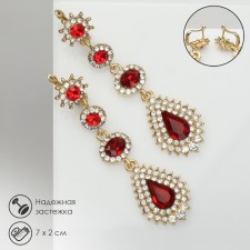 Hanging earrings with “evening” rhinestones, white-red color in gold, 7 cm