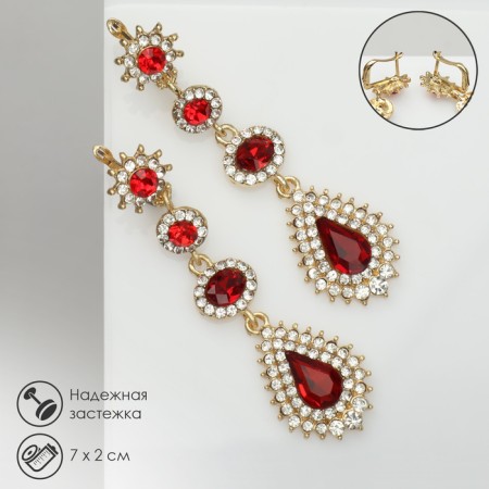 Hanging earrings with “evening” rhinestones, white-red color in gold, 7 cm