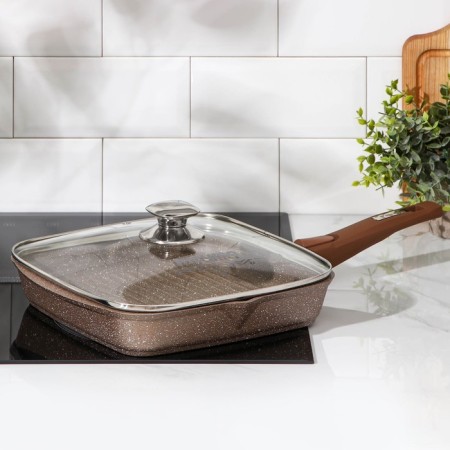 Granite Grill pan, 26 × 26 cm, removable handle, glass cover, anti-stick coating, brown color-6