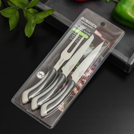 Faded knife set, 3 objects: knives, meat fork, gray color-2