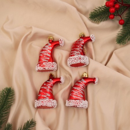 Christmas tree decoration "New Year's cap" (set 4 pcs) 8x4.5 cm, red-white